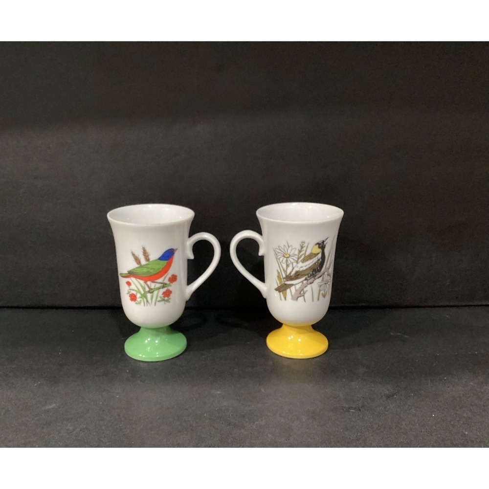 Vintage 1960's Fred Roberts Song Bird 2 Pedestal Irish Coffee‎ Mugs Cups Japan